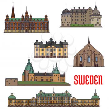 Historic architecture landmarks icons of Sweden. Showplaces detailed icons of Vadstena Abbey, Malmo Town Hall, Kalmar, Orebro, Stromsholm Castle, Drottningholm Palace for print, souvenirs, postcards, 
