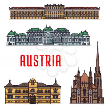 Historic buildings and sightseeing landmarks of Austria. Vector detailed icons of Schonbrunn Palace, St. Stephen Cathedral, Belvedere, Hellbrunn Palace. Austrian showplaces for souvenirs, postcards