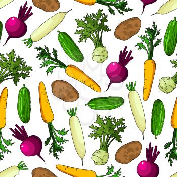 Vegetables seamless background. Vector pattern of farm cucumber, carrot, potato, beet, kohlrabi, radish, Wallpaper for grocery store, food market and product shop, tablecloth