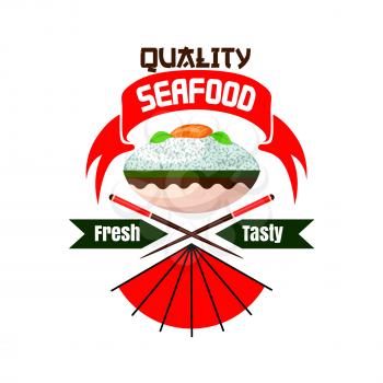 Fresh and tasty seafood. Japanese quality restaurant emblem. Bowl with rice, salmon fish sashimi, chopsticks. Oriental cuisine poster for menu card, signboard, leaflet, flyer