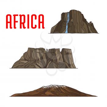 Travel landmarks of Africa thin line icon. Famous african natural landmarks with linear Kibo summit of Kilimanjaro mountain, Drakensberg or Dragons mountains and Tugela Waterfall