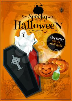 Vector Invitation placard to Spooky Halloween Party with cartoon cute and scary characters of ghost in open coffin, pumpkin lantern on orange spider web background. Template design for greeting card, 