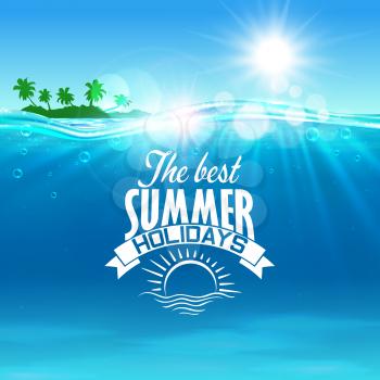 Vacation, summer holidays and travel background with tropical island with palm trees at the ocean and badge with ribbon banner and sunrise on foreground
