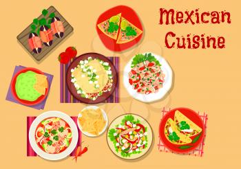 Mexican cuisine spicy salad and snack icon with guacamole with nacho, beef tortilla, chorizo salad taco, bacon date tapas, seafood salad, salmon ceviche on tortilla, meat and vegetable salads
