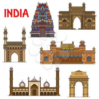 Travel landmarks of indian architecture icon with thin line India Gate, hindu Meenakshi Amman Temple, Gateway of India, islamic mosque Jama Masjid, mosque Charminar, royal palace Chowmahalla