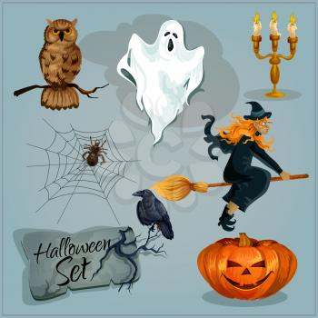 Traditional Halloween characters. Funny creepy orange pumpkin candle lantern, old witch in hat riding broom, sinister ghost, cemetery tomb engraving, spider web. Isolated vector decoration elements