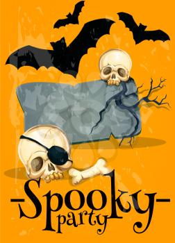 Invitation poster to Spooky Halloween Party. Vector horror style design template with skulls, bones, tomb gravestone, bats on yellow background. Decoration design template for Halloween poster, invita