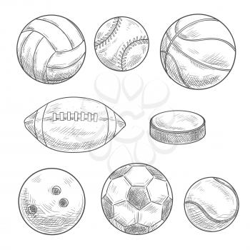 Sporting balls and puck isolated sketches. Sporting items and equipment for soccer or football, basketball, volleyball, rugby, baseball, tennis, ice hockey and bowling