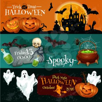 Traditional Halloween invitation banners with text Trick or Treat, Dark Night Spooky Party, Halloween Party. Vector elements of pumpkin lantern, haunted vampire castle, cauldron, ghosts