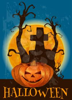 Halloween poster with traditional scary pumpkin lantern with candles. Midnight full moon with silhouette of tree and tomb grravestone with cross on cemetery graveyard. Vector template for Halloween in