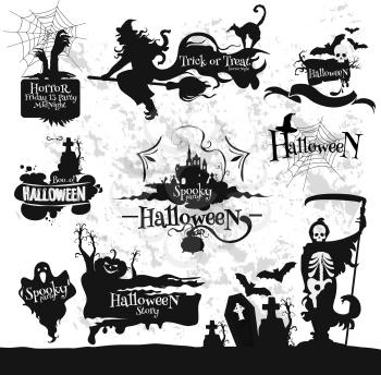 Decoration emblems and icons set for Halloween party, Friday 13 horror midnight. Witch broom, spooky ghost, spider, skeleton scythe, graveyard, haunted house, scary pumpkin. Vector design elements for