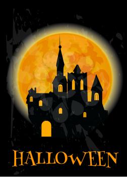 Haunted castle silhouette and full orange moon Halloween poster. Design template for Halloween decoration banner, placard, invitation, greeting card