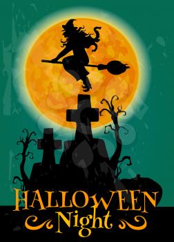 Witch on broom flying to Halloween night party over scary graveyard cemetery with cross and tombs. Invitation, greeting card, placard design template with text