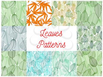 Leaves seamless patterns set with green and yellow foliage background of summer and autumn trees and plants. Nature season and floral design