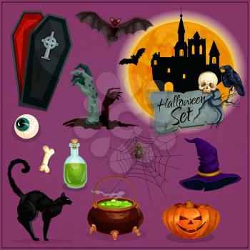 Halloween characters set. Vector cartoon orange pumpkin lantern, witch hat, cauldron potion, haunted castle, zombie graveyard, vampire coffin, skeleton skull, human evil eye
