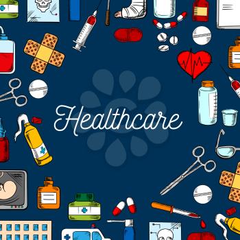 Healthcare and medicine background with hospital, ambulance, pill, syringe, heart, blood bag, medicine bottle, skull and baby scan, dropper, scissors, glasses and ointment tube sketches