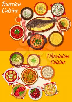 Russian and ukrainian cuisine icon with beet soup borscht, meat dumpling, thin pancake with caviar, vegetable stew, salad and soup, beef stroganoff, baked fish, fish soup and chicken aspic