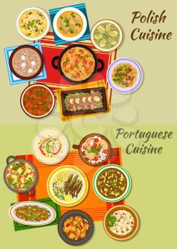 Polish and portuguese cuisine menu icon with meat and vegetable stews, cabbage and rye soups with sausage, dumpling, fried sardine, fish paella, meatloaf, vermicelli and sorrel soups, beef goulash