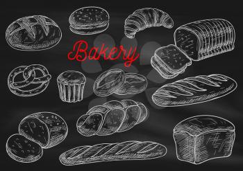 Bakery products chalk sketches on blackboard. Bread, cake, croissant, baguette, hamburger bun, toast, pie, braided bun, pretzel Bakery shop menu chalkboard design