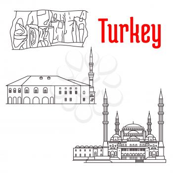 Historic sightseeings and buildings of Turkey. Vector detailed sketch icons of Kocatepe Mosque, Haci Bayram Camii, Kaymakli Underground City. Turkish architecture symbols for souvenirs, postcards