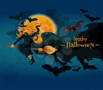 Halloween greeting card with cartoon witch character. Old witch flying on broom with bats in night sky with full moon. Vector halloween party decoration poster design