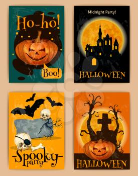 Halloween retro posters. Vector design of invitation placards to October Halloween party with orange pumpkin lantern, haunted castle on full moon background, skeleton skull with crow on cemetery
