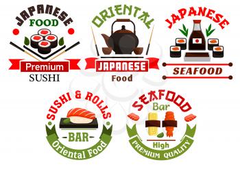 Oriental Japanese food restaurant icons. Sushi, rolls, seafood, salmon, sashimi, wasabi, steamed rice, bamboo, chopsticks, tea Oriental cuisine poster for menu card signboard leaflet flyer