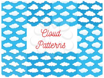 Cartoon cumulus clouds in blue sky. Seamless pattern backgrounds. Wallpaper and cloud icons for decoration