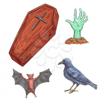 Set of Halloween decoration elements. Isolated vector sketch icons of wooden coffin with cross, undead zombie hand stretching from grave, spooky bat and black crow