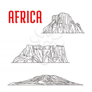Historic landmarks, sightseeings, famous showplaces of Africa. Vector thin line icons of Mount Kilimanjaro, Tirel Waterfall, Drakensberg for souvenir decoration elements