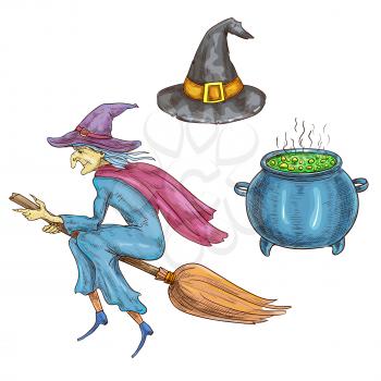 Witch character with Halloween sorceress elements. Isolated sketch icons of hag with hat flying on broom, boiling cauldron with magic potion. Halloween cards and posters decorations