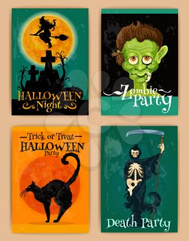 Stylized retro posters for Halloween party with cartoon characters of black cat, haunted witch house, monster, zombie skeleton with scythe. Happy Halloween design elements for banner, placard, greetin
