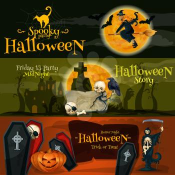 Halloween vector cartoon banner with text and characters. Spooky Halloween Party, Friday 13 midnight story, Horror Night, Trick or Treat lettering poster design for Halloween greeting and invitation c