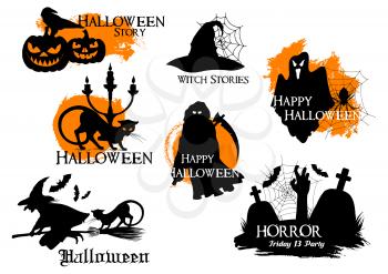 Black and orange Halloween Story silhouette elements. Isolated vector icons of pumpkin lanterns, black crow, cat, witch flying on broom, spooky ghost, full moon, death reaper, zombie hand from graveya