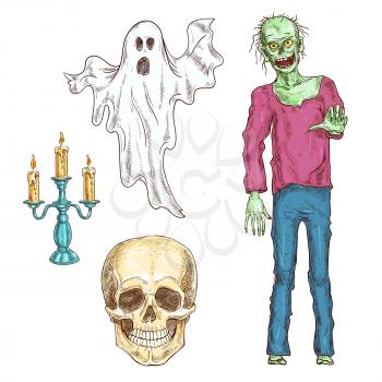 Halloween elements set of color sketch icons. Isolated characters of walking dead zombie, human skeleton smiling skull, spooky ghost, burning candlestick for halloween decoration design