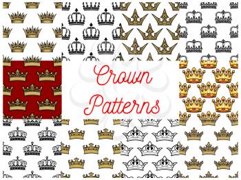Crowns seamless patterns. Backgrounds with vector icons of golden crown. Royal, artistic, heraldic, imperial, vintage, retro, monarch regal symbols