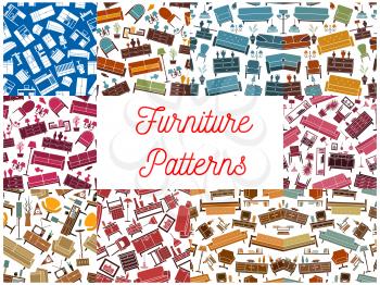 Furniture room interior elements seamless backgrounds. Wallpaper with vector pattern icons of retro and classic home accessories sofa, chair, armchair, lamp, bookshelf, vase, locker, flower, lamp, war