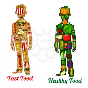 Healthy diet nutrition vs fast food. Human body icons with symbol of vegetables tomato, potato, pepper, radish, cabbage, pumpkin, corn, onion and cheeseburger, hot dog, sandwich, french fries, soda, p