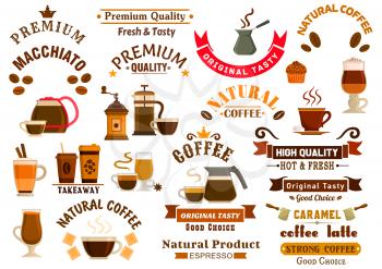 Coffee and desserts icons for cafe signboards. Coffee pitcher, coffee maker, mill, cezve, kettle, french press, chocolate, muffin, biscuit, cake, coffee beans, stars, ribbons. Template for cafeteria m