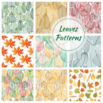 Stylish foliage seamless decorative patterns. Stylized graphic pattern of thin line leaves ornate elements for decoration backgrounds