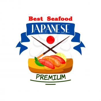 Japanese cuisine icon. Sushi set, salmon fish, wasabi, chopsticks, lemon lobules, blue ribbon, japan flag elements. Premium quality food label template for restaurant menu, advertising sticker, signbo