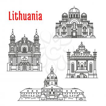 Historic architecture landmarks, sightseeings, famous showplaces of Lithuania. Vector thin line icons of Kaunas Cathedral Basilica, Church of St. Michael Archangel, St. Francis and St. Bernard, St. Pe