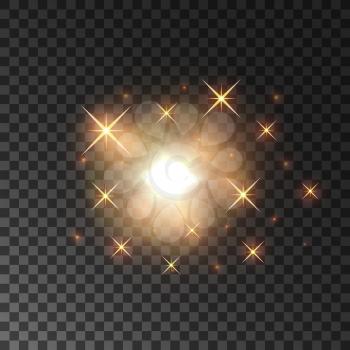Glittering golden star light sparks. Glowing and sparkling particles dispersing on transparent background