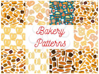 Bakery and patisserie seamless backgrounds. Wallpapers with vector baking icons of croissant, bread, baguette, muffin, bun, loaf, pretzel, bagel, pie flour dough cake cupcake