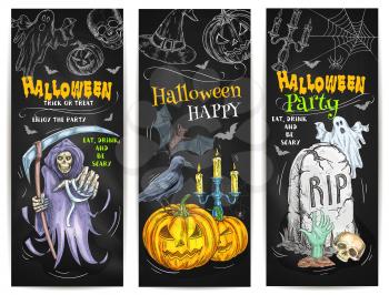 Halloween Party Trick or Treat chalk sketch design on blackboard. Sketched colored chalk Halloween celebration elements of pumpkin, scary reaper, spooky ghost, witch hat, bat, black cat, cemetery tomb