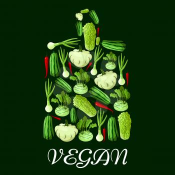 Vegan symbol. Cutting board symbol with vector icons of vegetables cabbage, onion, kohlrabi, pepper, zucchini, celery