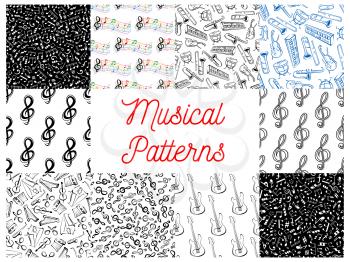 Musical notes and instruments pattern backgrounds. Seamless wallpapers with vector doodle sketch music icons of treble clef, stave, piano, saxophone, harp, drums, maracas, guitar, violin, trumpet, gui