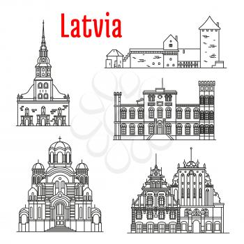 Historic architecture landmarks, sightseeings, famous showplaces of Latvia. Vector thin line icons of St. Peter Church, Turaida Castle, Birini Palace, Nativity of Christ Cathedral, House of Blackheads