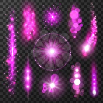 Purple sparkling light trails. Sparkling glitter flashes. Shining particles with lens flare effect on transparent background