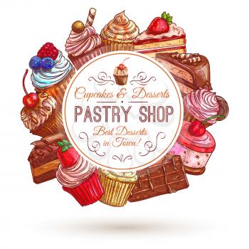 Pastry shop emblem. Patisserie sweets banner. Vector icons of cupcakes, cakes, confectionery, dessert, muffin, biscuit for signboard, tag sticker label